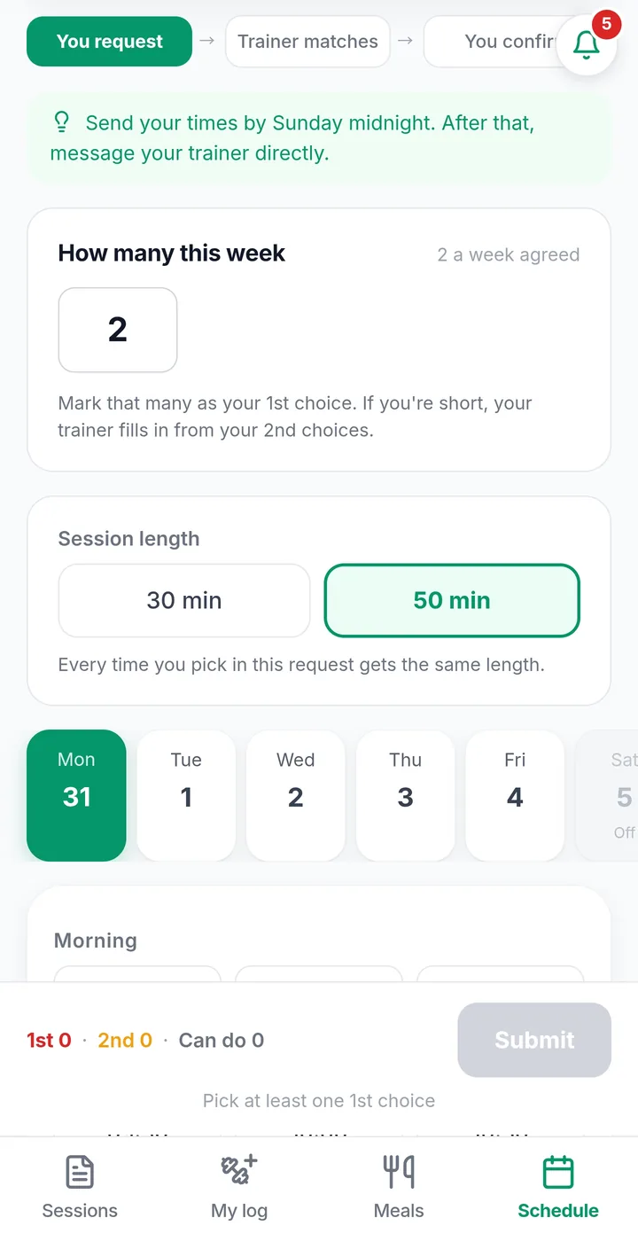 A client choosing how many sessions and how long, before picking times for next week
