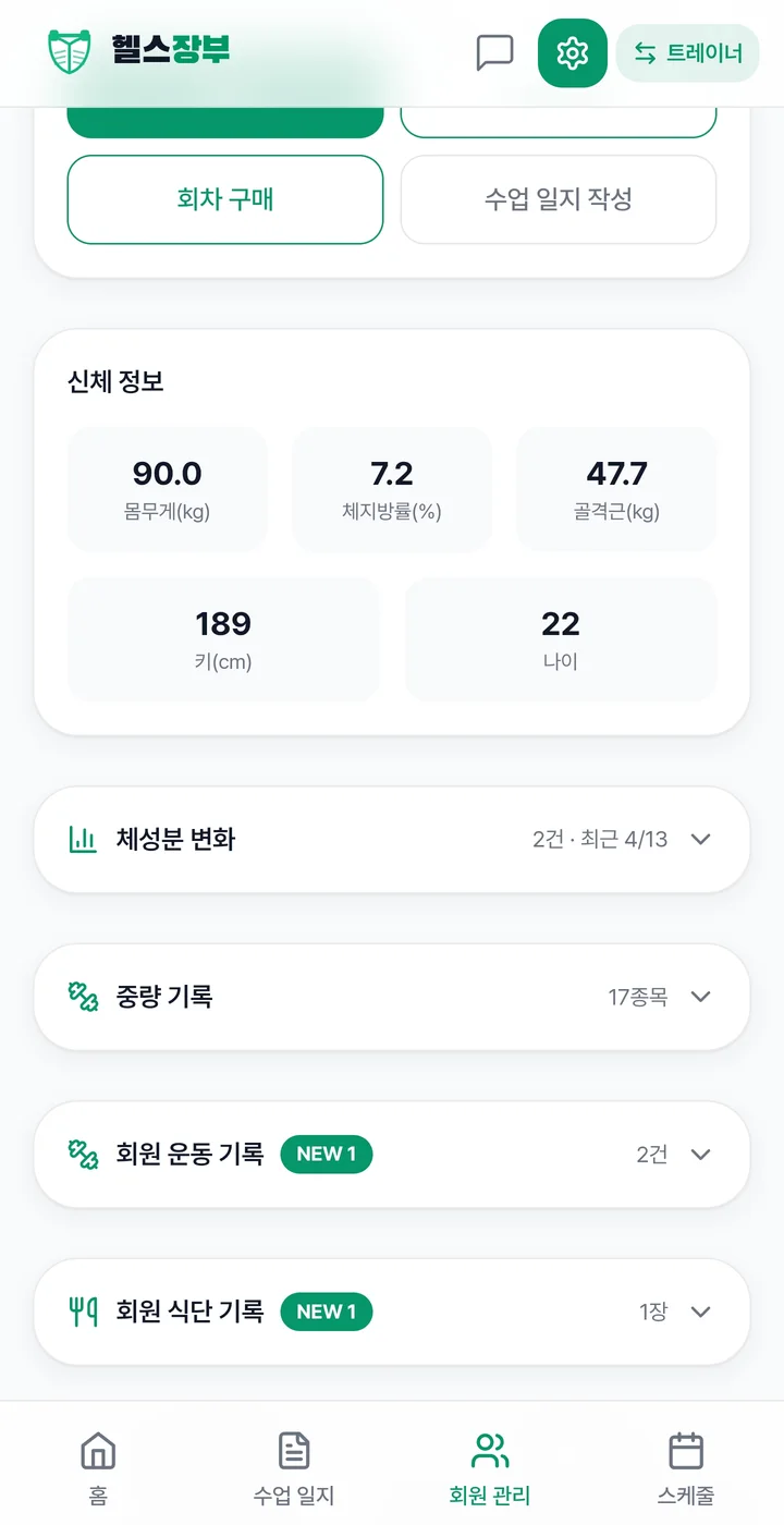 신체 정보와 체성분 변화, 중량 기록, 회원이 올린 운동·식단이 모인 회원 상세 화면
